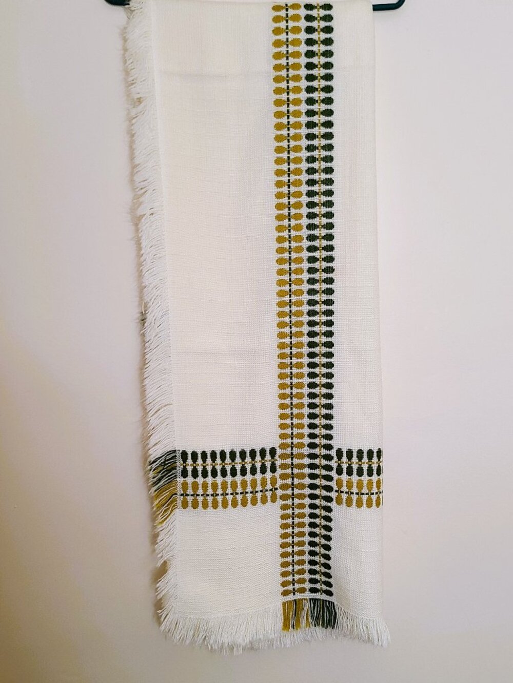 Vintage Boho Retro Ivory Woven Textile Fringed Tablecloth Green & Yellow Pattern